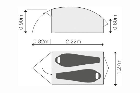 Diagram of the Polaris tent showing how 2 mummy sleeping bags fit beside one another alternating head to foot